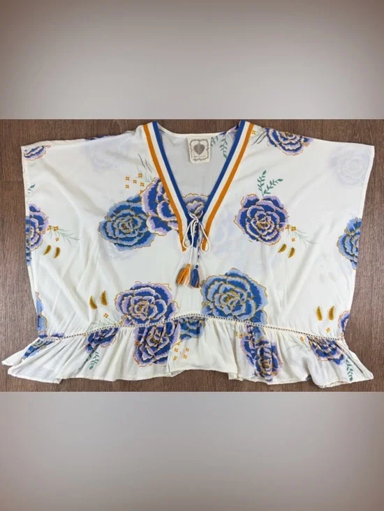 Z&L Kimono Tunic Top/Swim Cover Up ~ in Blue & Orange Floral - Picture 7 of 16